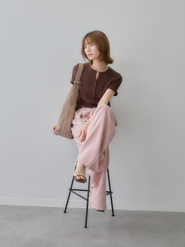 [予約]ヘンリーケーブルハーフニットトップス/brown