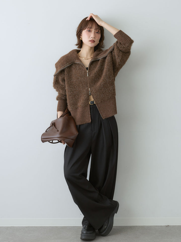 [SET]ビッグカラーシャギーニットブルゾン+ツイルタックワイドパンツ(2set)
