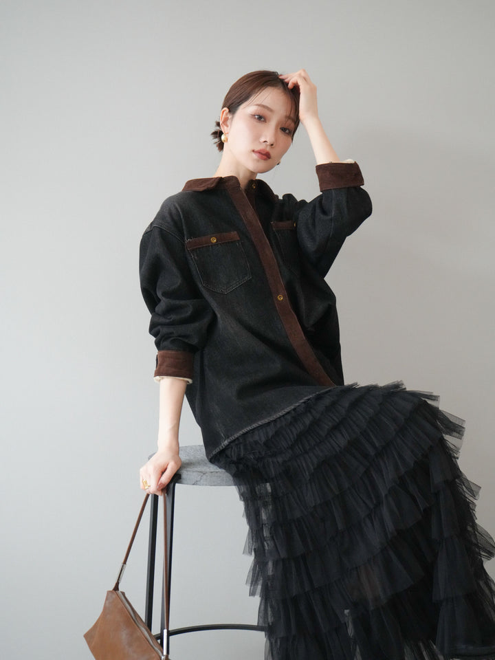 [予約]裏起毛コーデュロイ襟デニムシャツジャケット/black