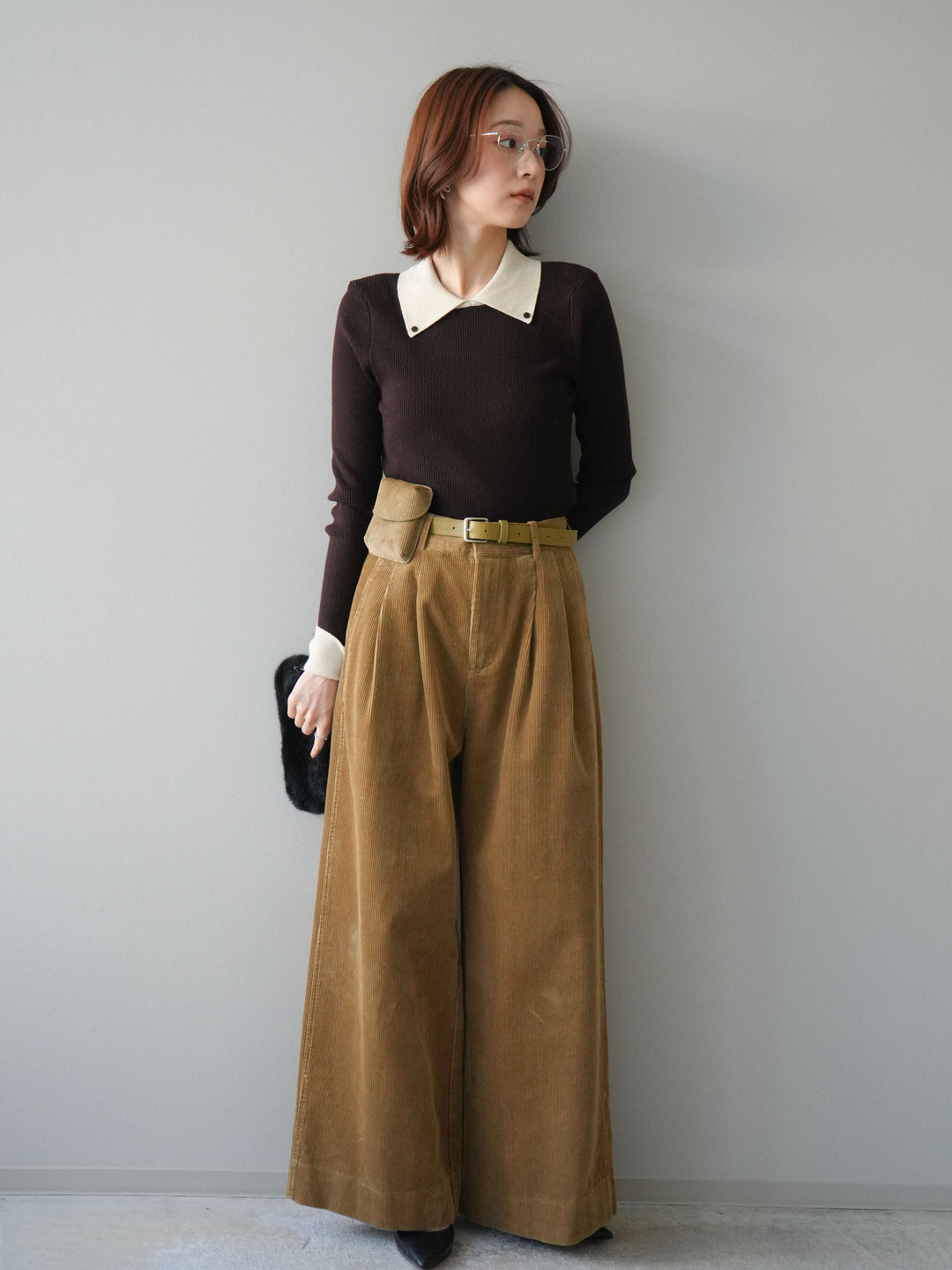 [予約]ベルト付コーデュロイワイドパンツ/beige