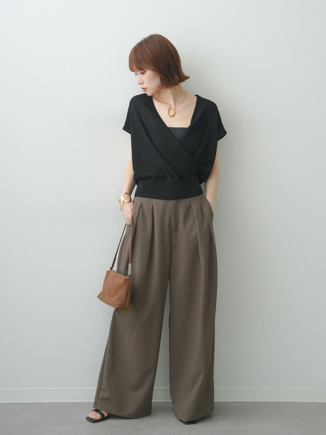 [SET]カシュクールフレンチニットトップス+クレープデシンタックワイドパンツ(2set)