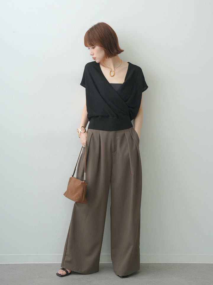 [SET]カシュクールフレンチニットトップス+クレープデシンタックワイドパンツ(2set)