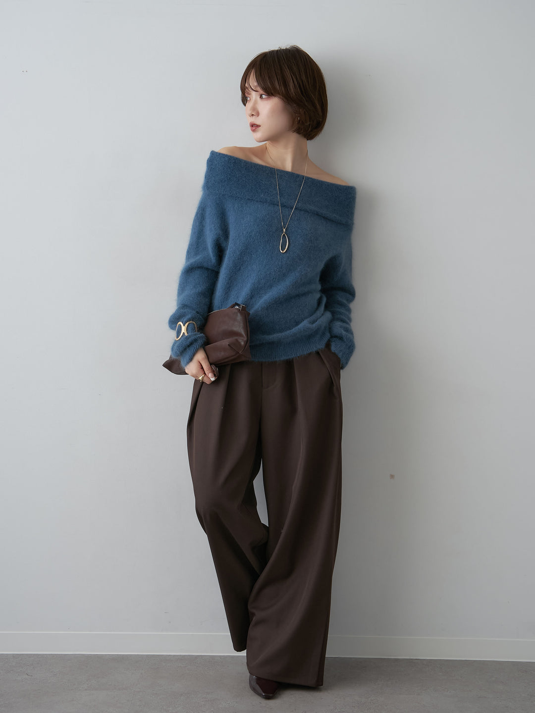 [SET]オフショルソフトシャギーニットトップス+ツイルタックワイドパンツ(2set)