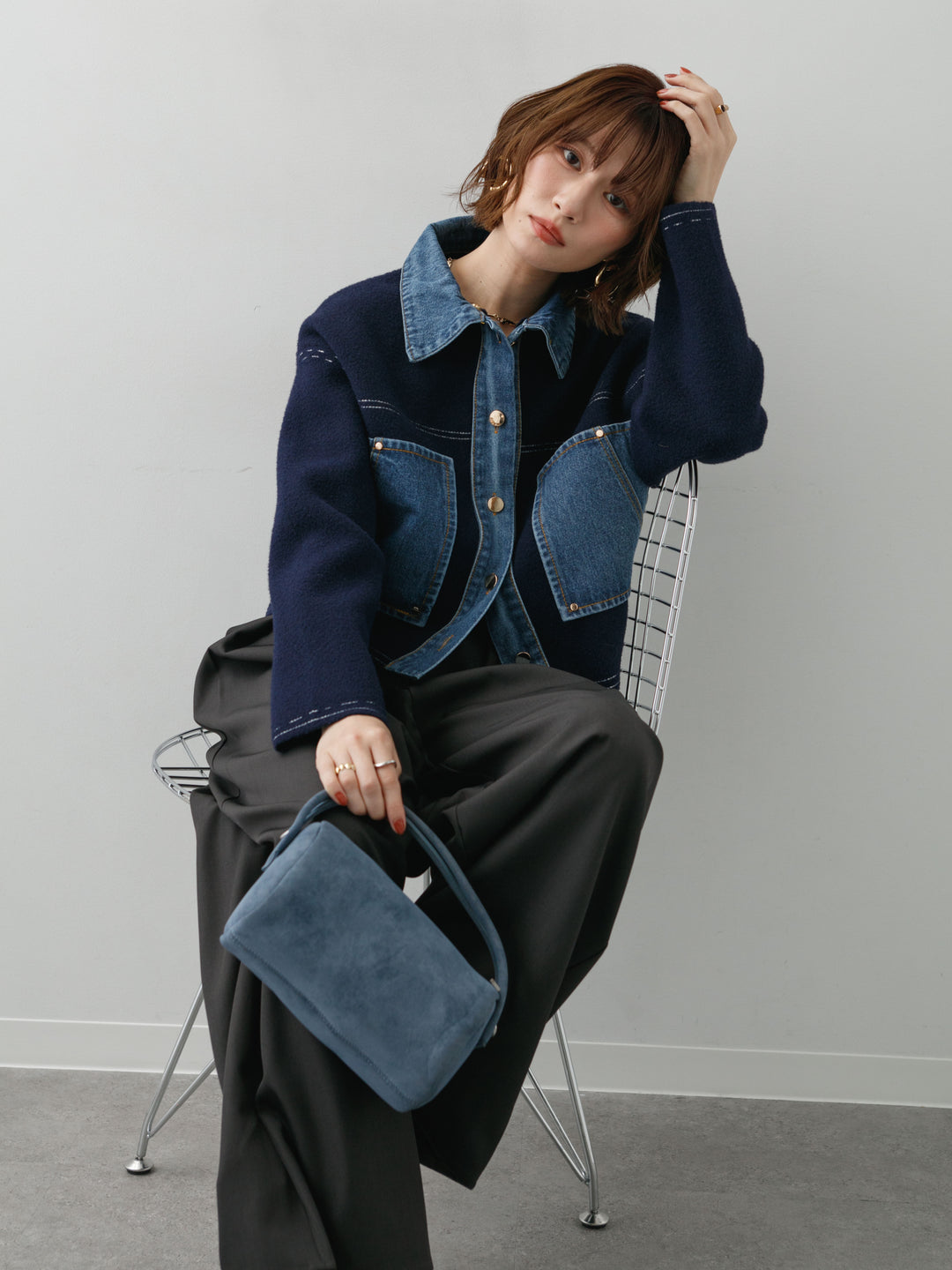 [予約]デニムコンビスムースニットジャケット/navy
