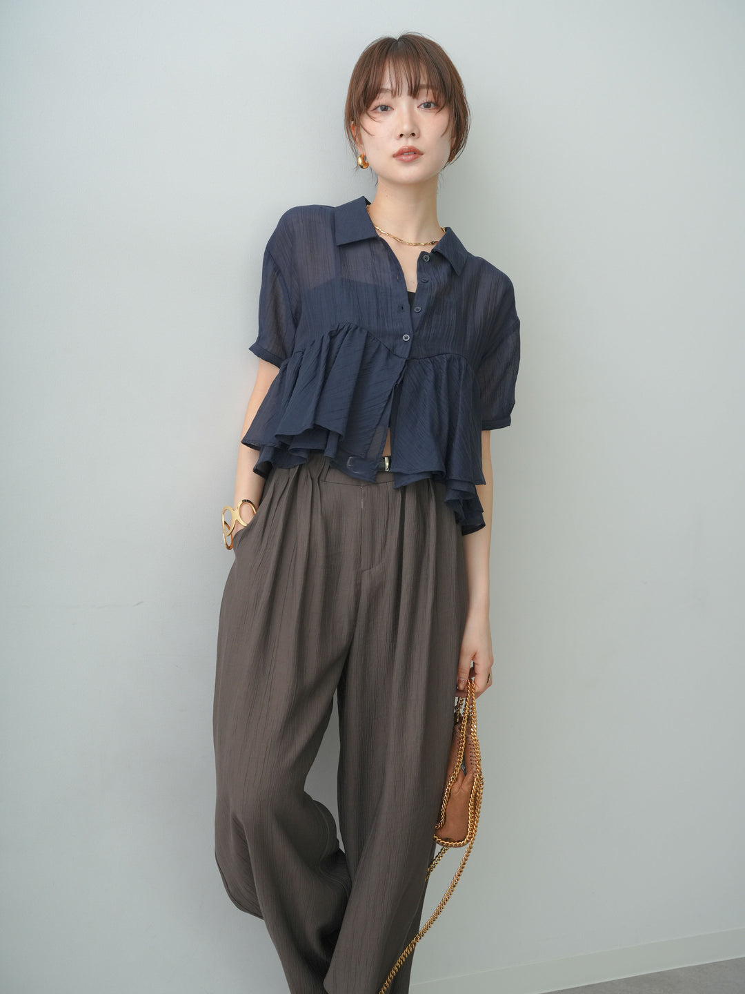 [SET]楊柳ペプラムシアーハーフシャツ+選べるアクセセット(2set)