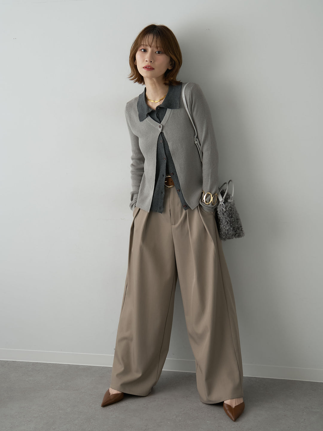[SET]フロントレイヤードデザインリブニットシャツ+ツイルタックワイドパンツ(2set)