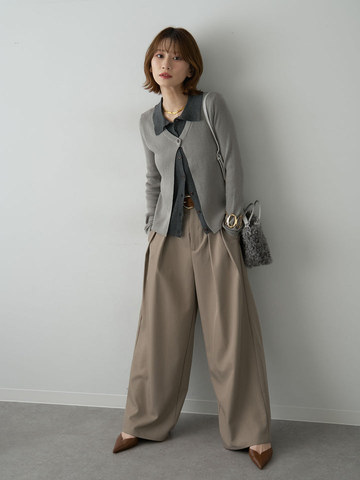 [SET]フロントレイヤードデザインリブニットシャツ+ツイルタックワイドパンツ(2set)