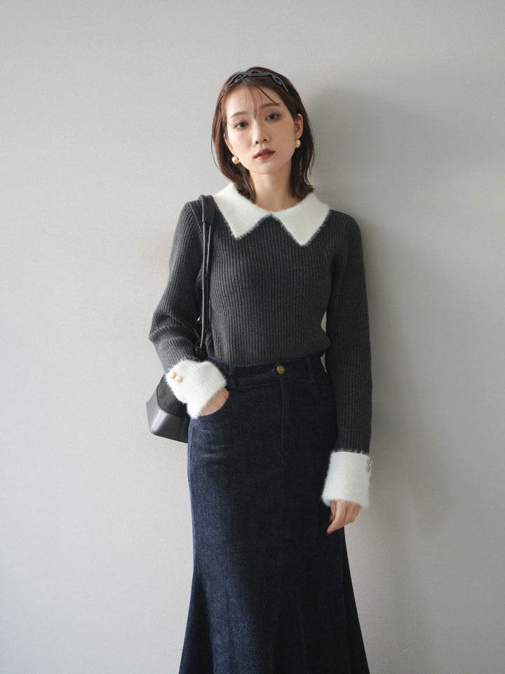 [SET]シャギー襟リブニットトップス+ベルベットマーメイドスカート(2set)