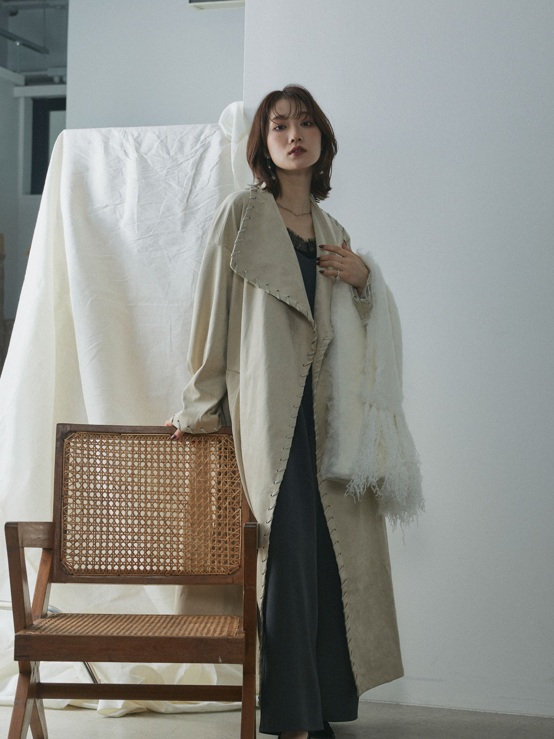 【Allure】[SET]レースキャミオールインワン+スウェードハンドステッチロングコート(2set)