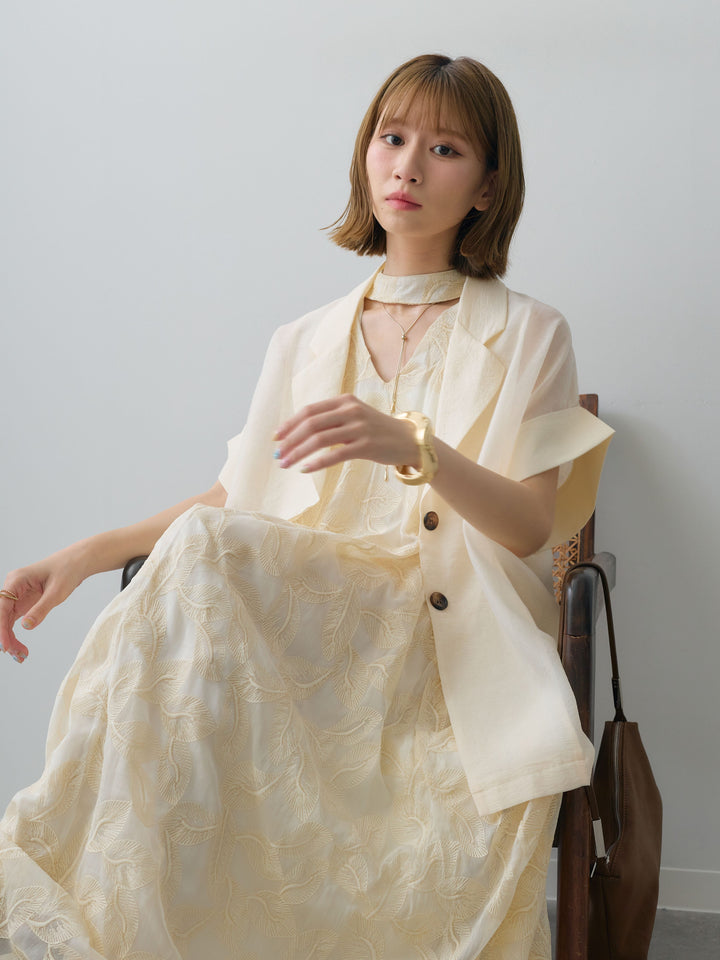 【套裝】葉子刺繡吊帶洋裝+透視寬鬆短袖外套（兩件套）
