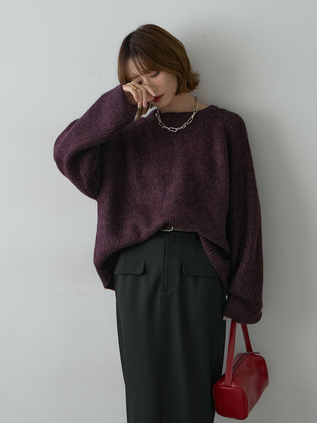 [SET]メランジクルーネックワイドプルオーバー+クレープデシンフラップ付きストレートスカート(2set)