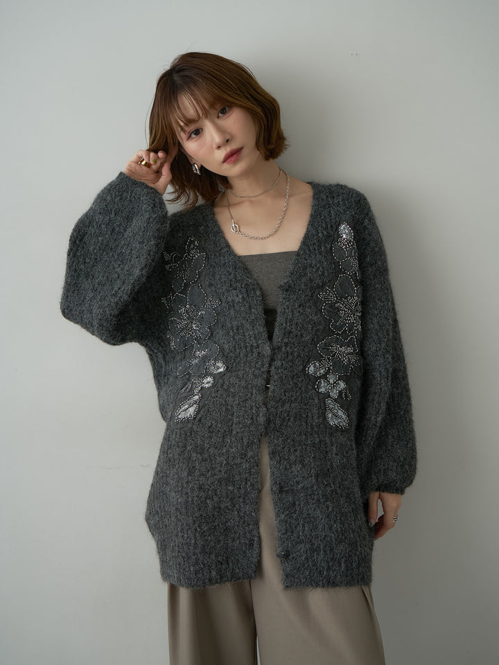 [SET]フローラルビーズニットロングカーディガン+ツイルタックワイドパンツ(2set)