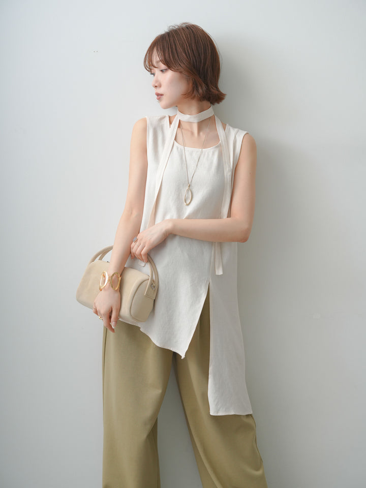 [SET]タイ付アシメヘムノースリトップス+リラックスドレープスウェットパンツ(2set)