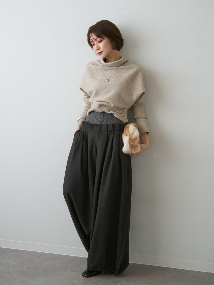 [SET]ハイネックサイドボタンギャザーニットトップス+ウエストデザインドロストワイドパンツ(2set)