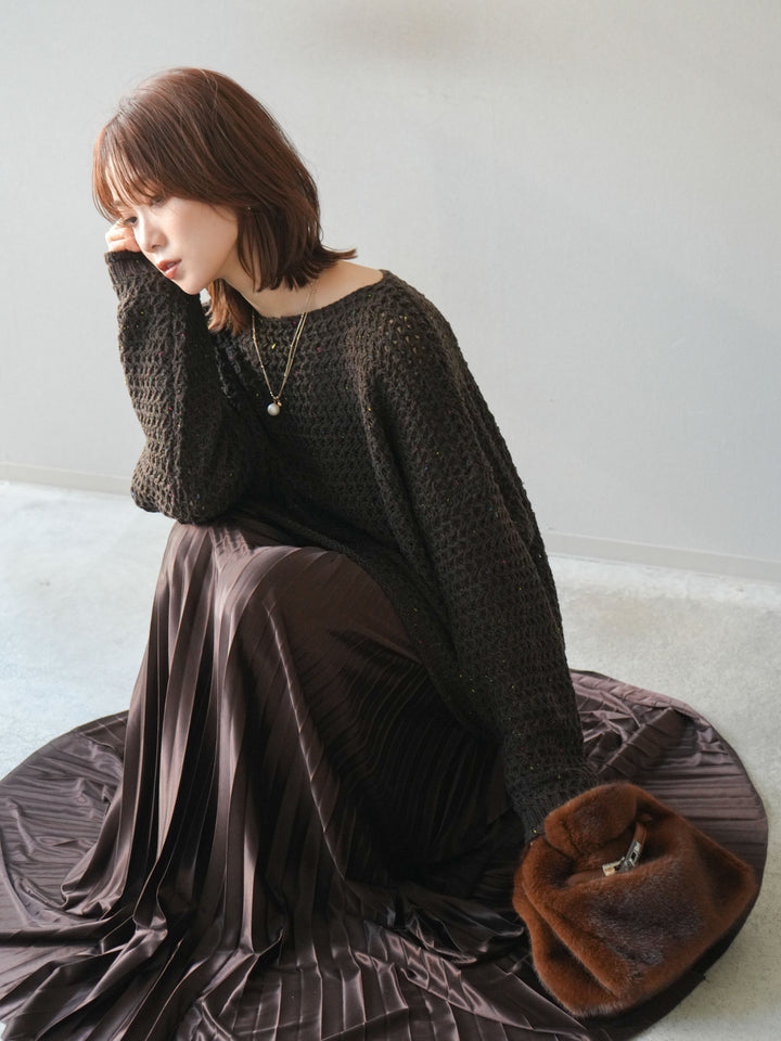 [予約]ネップ透かし編みオーバーニット/brown