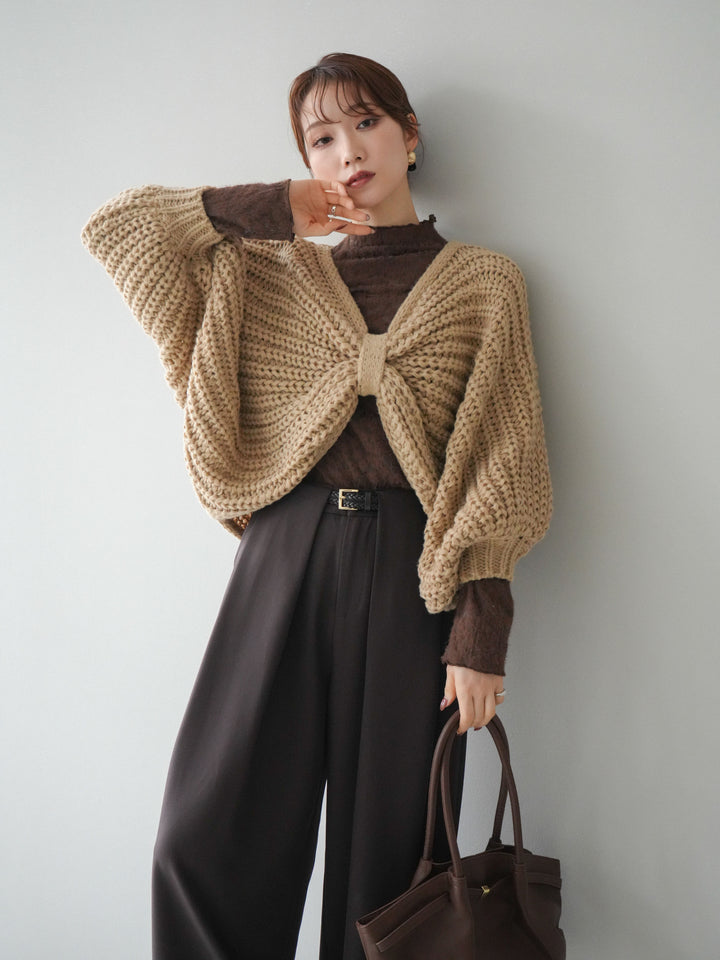 [SET]ローゲージ畦編みドルマンニットボレロ+起毛レースプチネックトップス+ベルトループデザインワイドパンツM(3set)