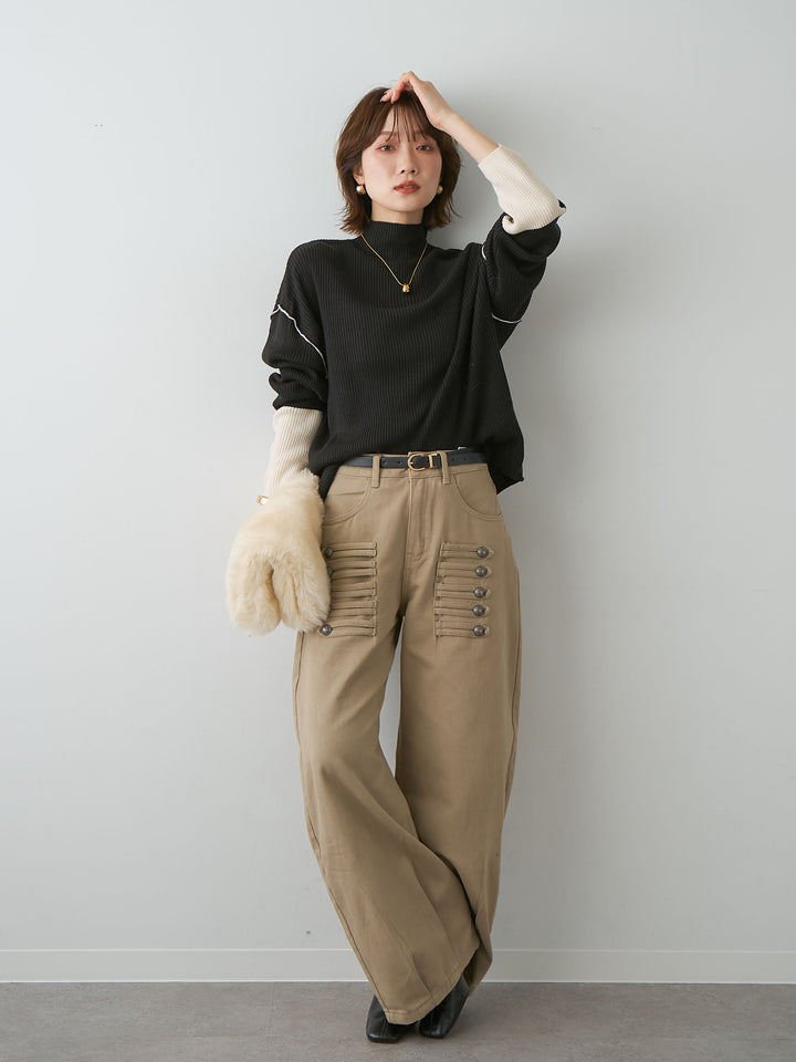 [SET]バイカラーモックネックリブニットトップス+ナポレオンコットンカーブパンツ(2set)