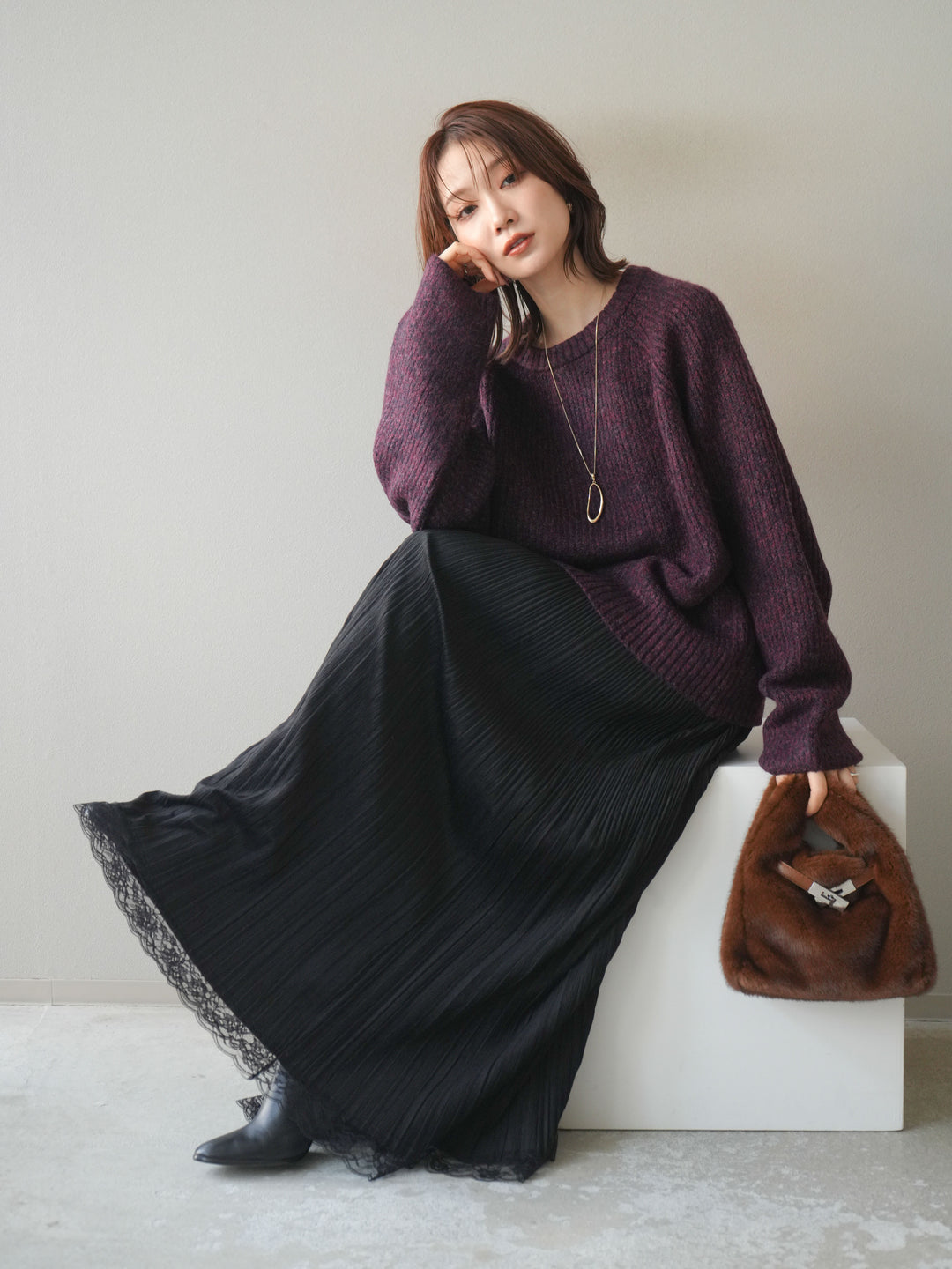 [予約]クルーネック畦編みミックスニット/bordeaux