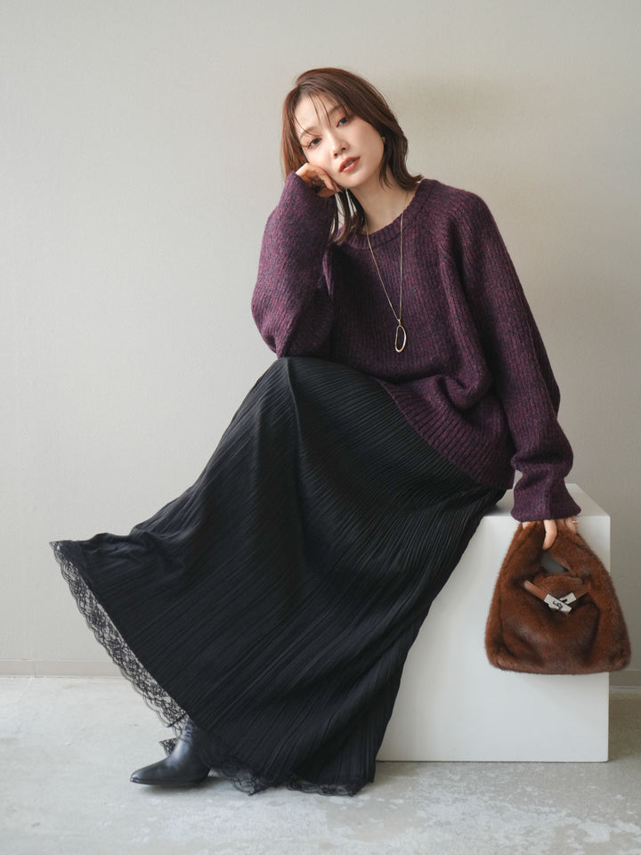 [予約]クルーネック畦編みミックスニット/bordeaux