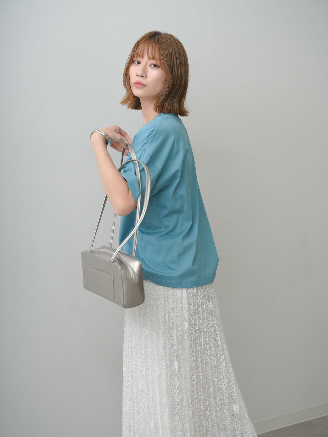 [SET]箔プリントボックスTEE+フローラルレースプリーツスカート(2set)