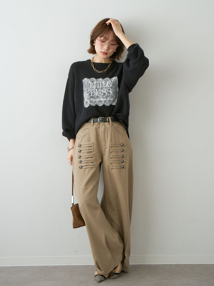 [SET]アルパカタッチ刺繍レースロゴニットプルオーバー+ナポレオンコットンカーブパンツ(2set)