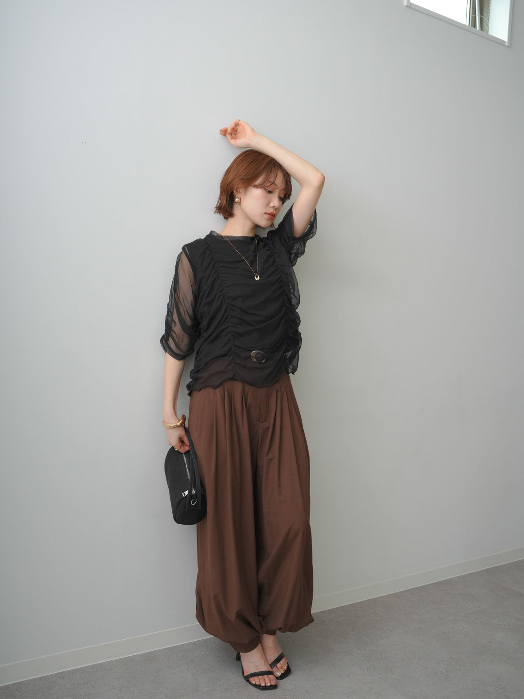 [予約]シアーレイヤードギャザー半袖トップス/black