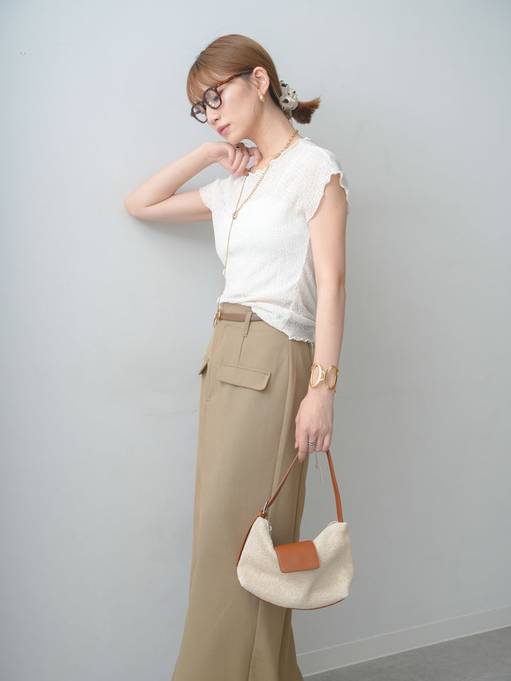 [SET]シャーリングシアーバックオープンフレンチトップス+クレープデシンフラップ付きストレートスカート(2set)