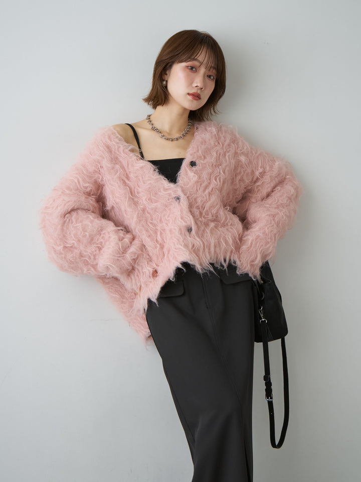 [SET]カーリーフェザーニットカーディガン+クレープデシンフラップ付きストレートスカート(2set)