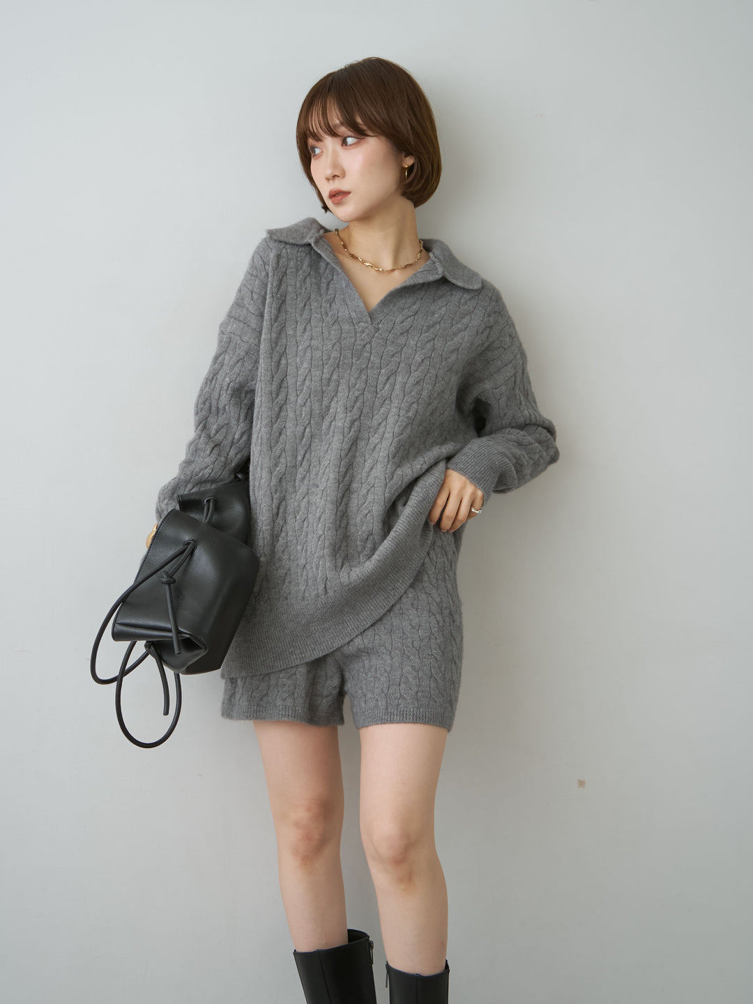 [SET]ケーブルスキッパーニットトップス＆ニットショートパンツSET UP(2SET)+選べるアクセセット(2set)