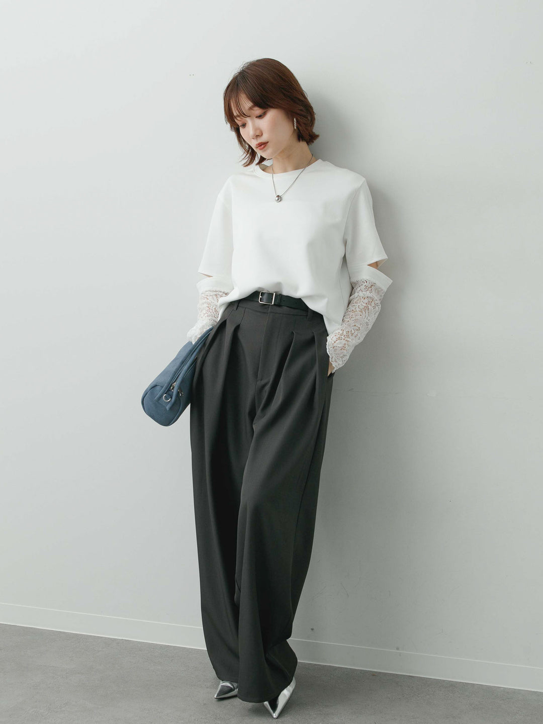 [SET]レーススリーブトップス+ツイルタックワイドパンツ(2set)