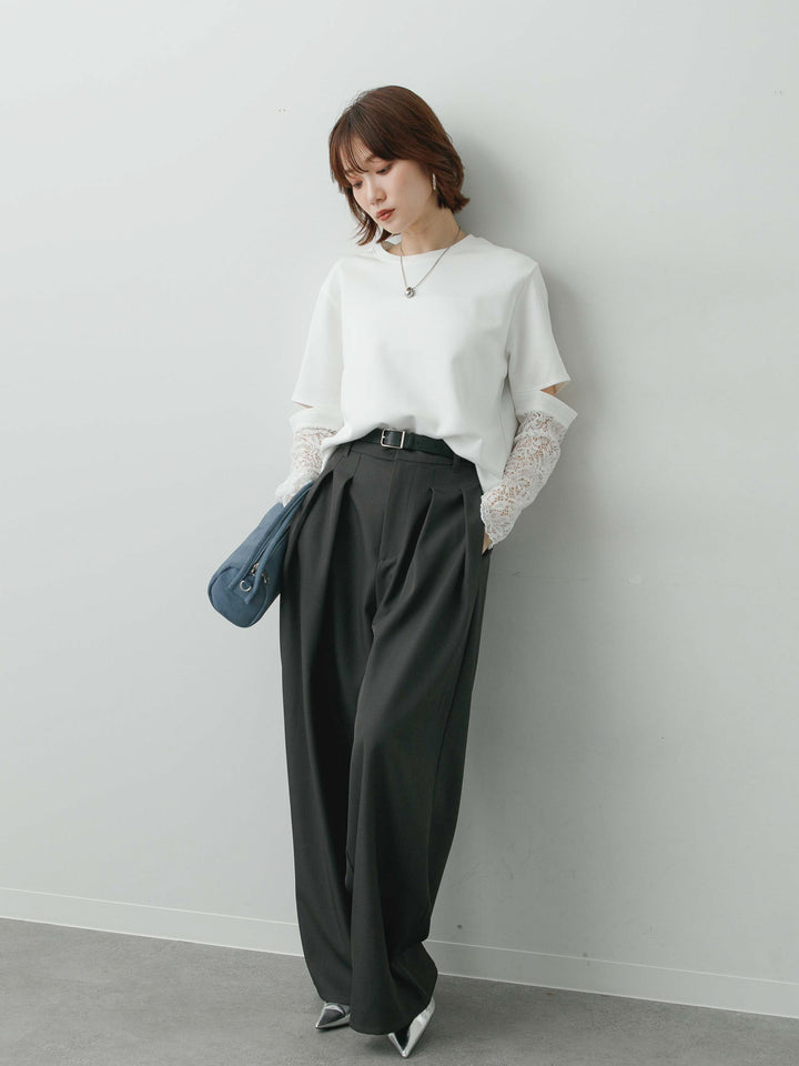 [SET]レーススリーブトップス+ツイルタックワイドパンツ(2set)