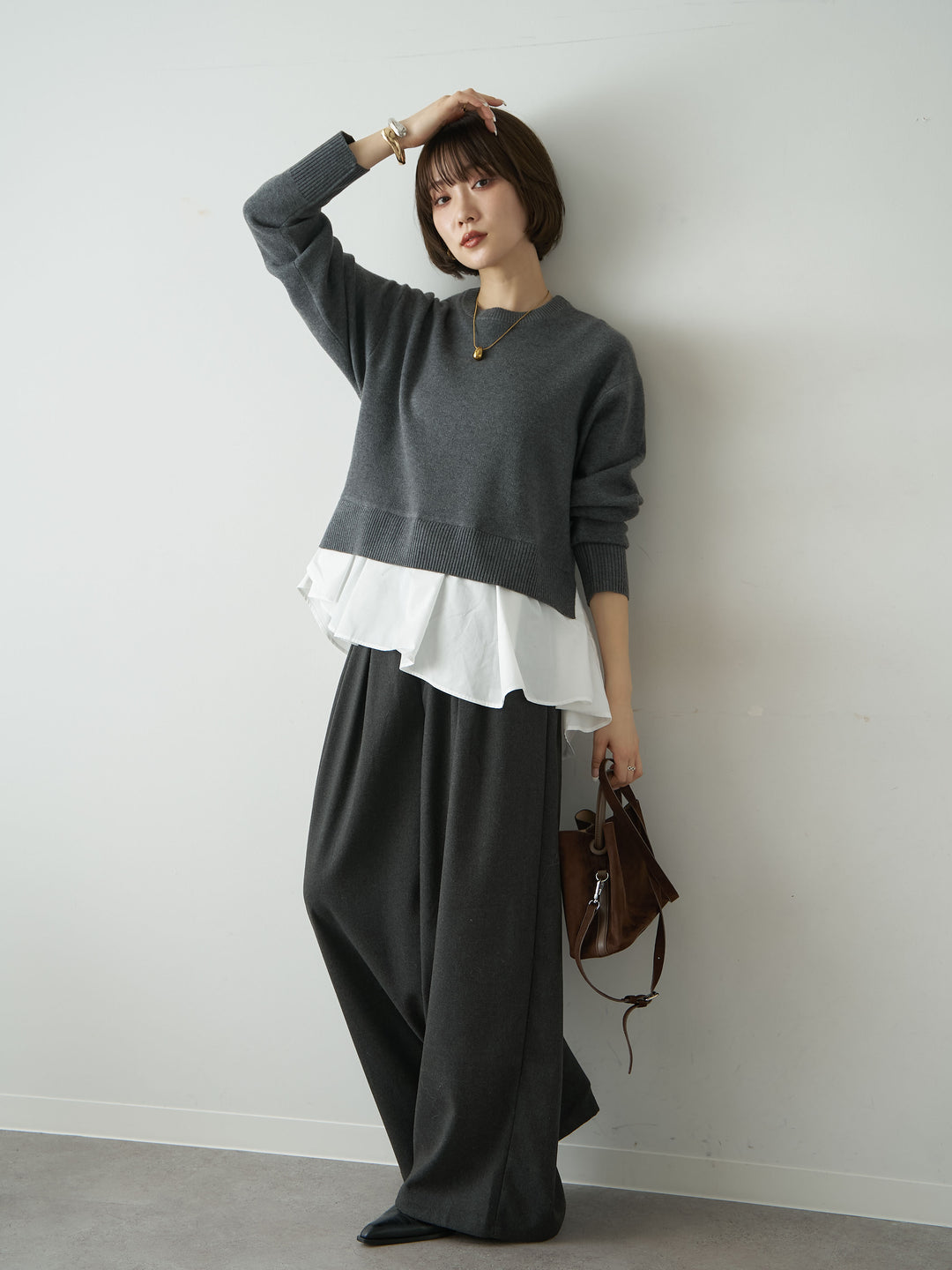 [SET]アシンメトリーシャツレイヤードニットプルオーバー+ダブルタックドレープストレートワイドパンツ(2set)