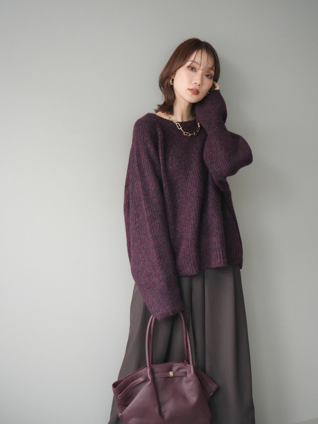 [予約]クルーネック畦編みミックスニット/bordeaux