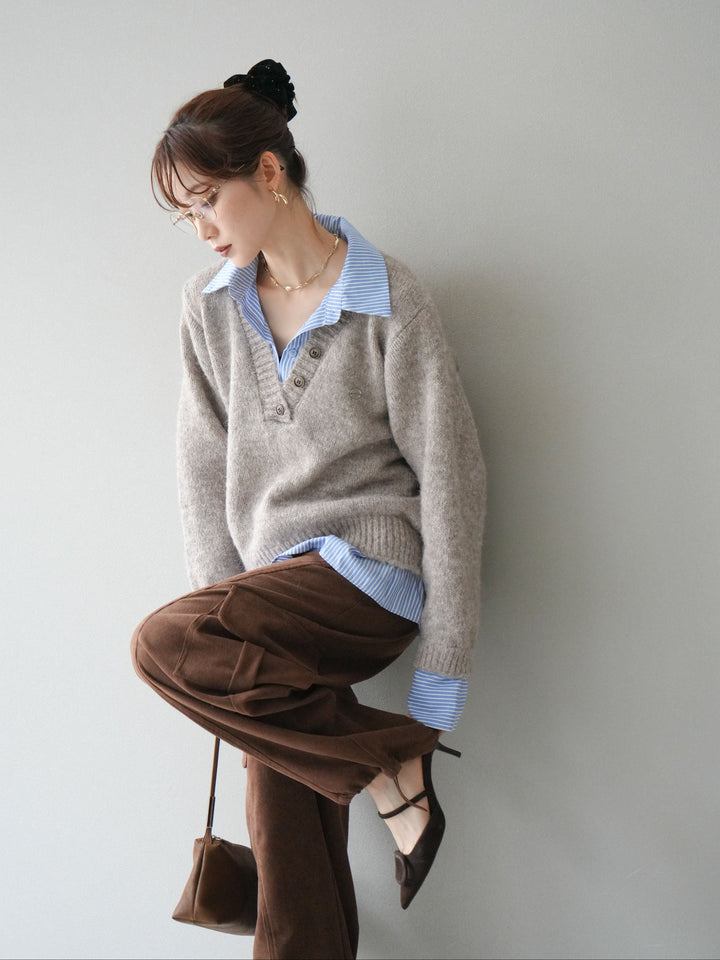 [SET]ストライプシャツドッキングMIXヤーンニットプルオーバー+ベルト付コーデュロイカーゴパンツ(2set)