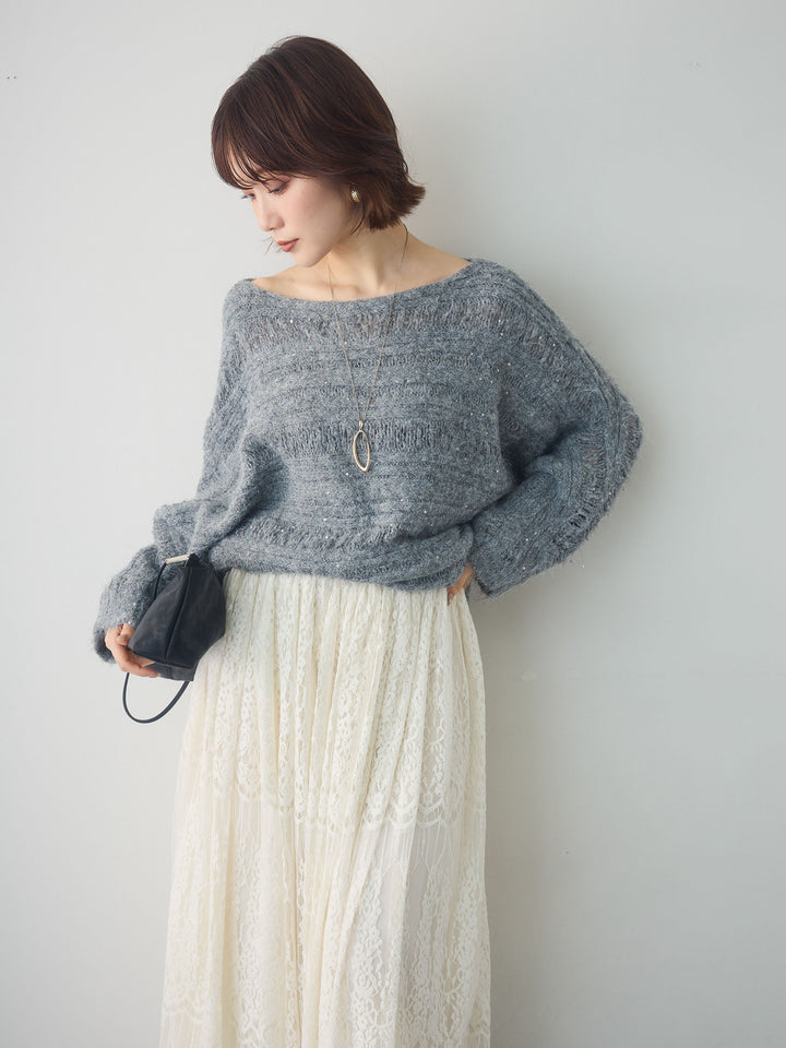 [予約]ミックス透かし編ワイドネックニットトップス/gray