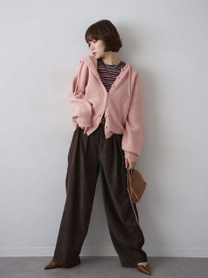 [SET]アルパカタッチソフトリブフードニットトップス+マルチボーダーロンTEE+ベロアデニムタックワイドパンツ(3set)