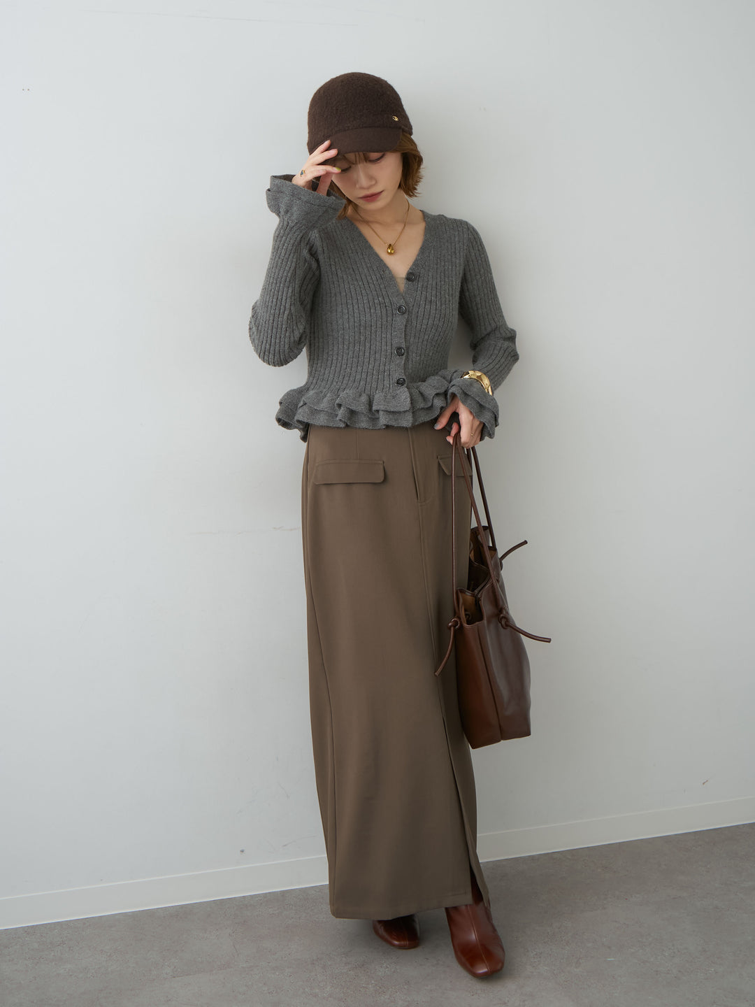 [SET]アルパカタッチフリルカーディガン+クレープデシンフラップ付きストレートスカート(2set)
