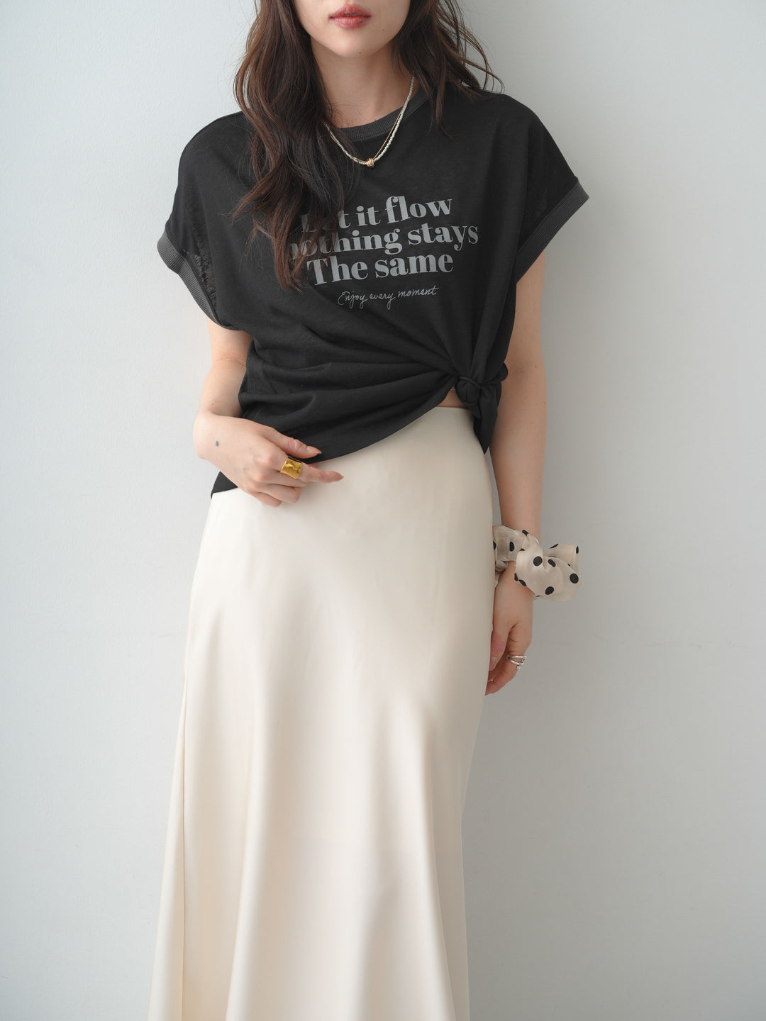 [SET]シアースラブバイカラーフレンチTEE+レースヘムサテンIラインスカート(2set)