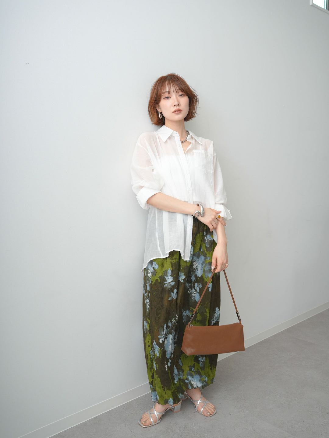 [SET]バックツイストシアーオーバーシャツ+フラワープリントIラインギャザースカート(2set)