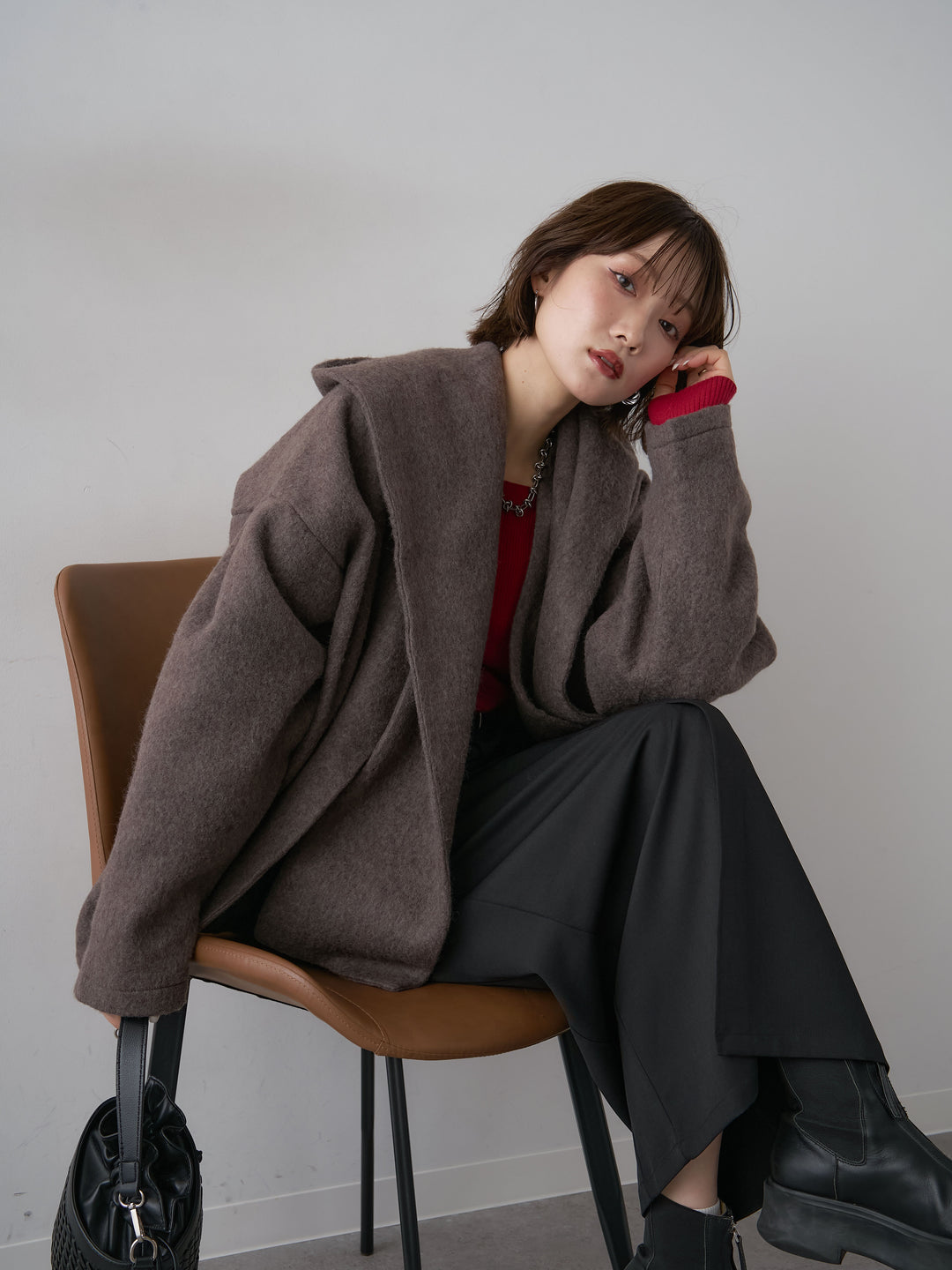 [SET]フードマフ付メランジコート+クレープデシンフラップ付きストレートスカート(2set)