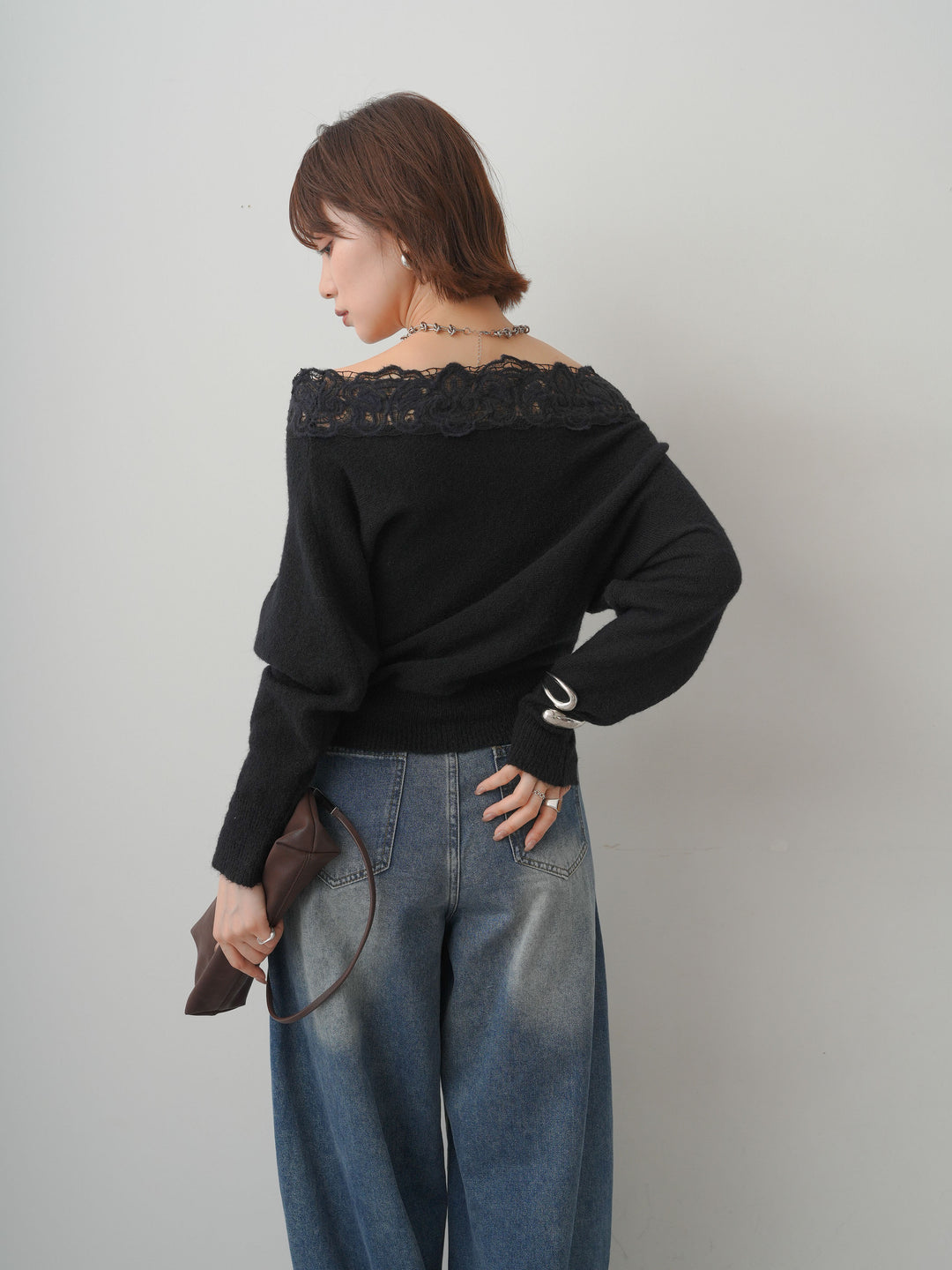 [予約]ショルダーレースオフショルニットトップス/black