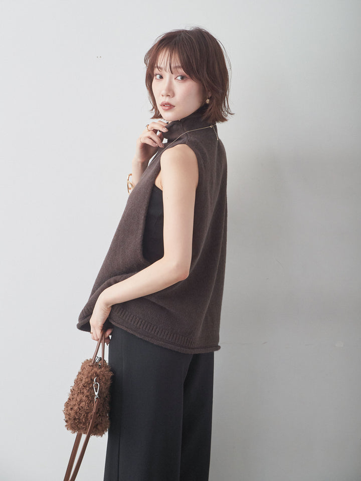 [予約]ハイネックアメスリワイドニットベスト/brown
