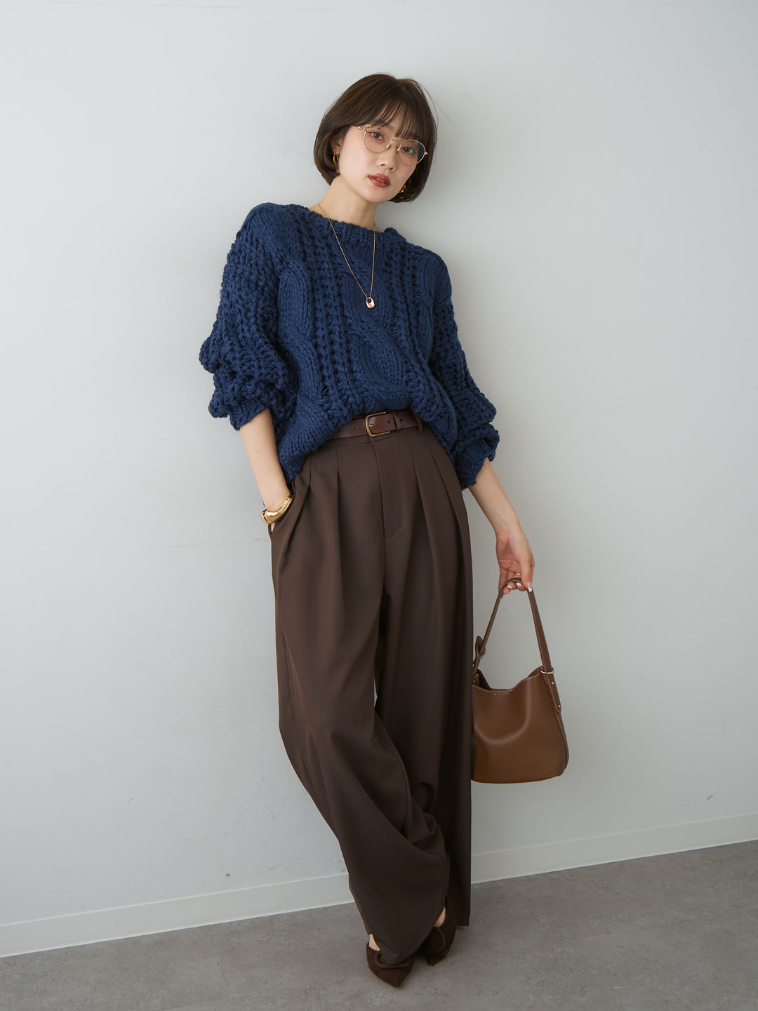 [SET]ボリュームケーブルニットプルオーバー+ツイルタックワイドパンツ(2set)