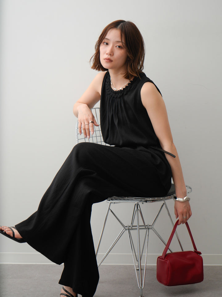 [SET]ループデザインネックノースリブラウス＆ドレープタックパンツSET