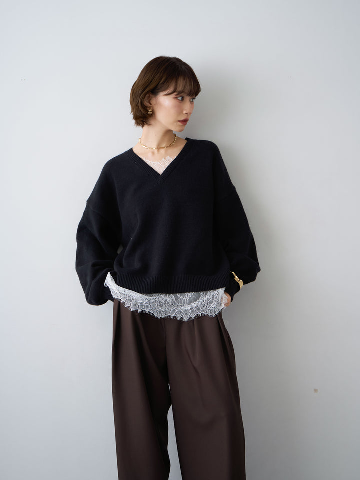 [SET]アルパカタッチレースドッキングVネックニットトップス+選べるアクセセット(2set)
