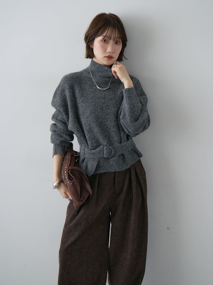 [予約]ウエストベルトハイネックニットトップス/darkgray