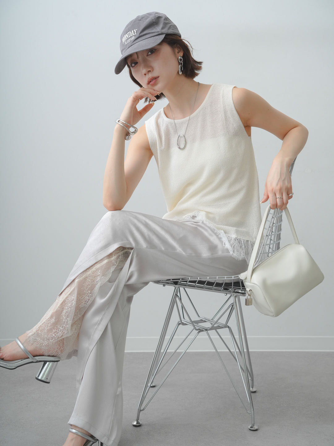 [予約]レースドッキングノースリニットトップス/ivory