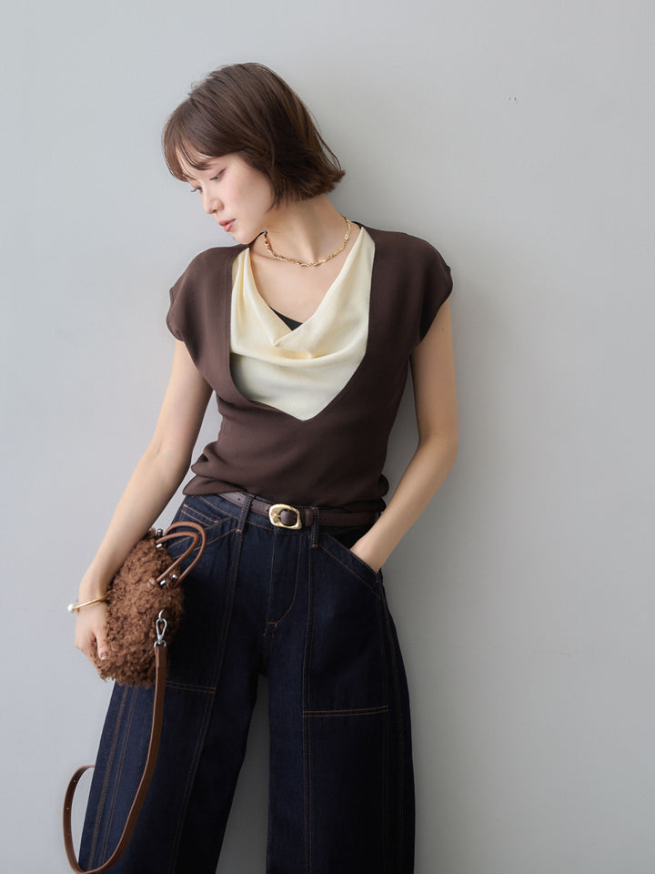 [予約]レイヤードデザインスリムフレンチニットトップス/brown