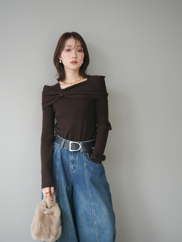 [予約]リボンモチーフオフショルリブニットトップス/brown