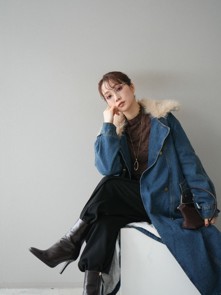 [予約]ファー襟デニムロングコート/blue